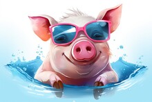Funny Cartoon Party Pig Wearing Pink Sunglasses Isolated