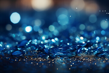 Wall Mural - Sapphire glitter bokeh background. Unfocused shimmer royal blue sparkle. Crystal droplets wallpaper. AI generative