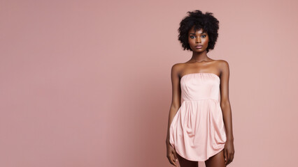 Wall Mural - A young brunette woman in pink dress stands against a solid pink background. Studio. Isolated pink background. 