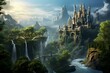 An enchanting castle on a cliff, framed by forests and a waterfall. Magic and adventure fill the air. Generative AI