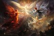 Angels and demons engaged in an ethereal battle.