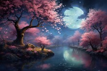 Blossoming Cherry Trees Under A Moonlit Night, Serene Spring Beauty.