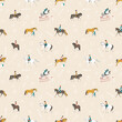 Riding school, kids learn to ride a pony, seamless vector pattern