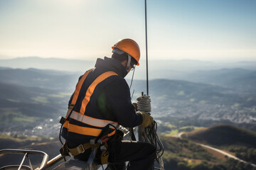 engineer wearing safety gear working at top of signal antenna.Working at height