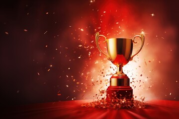 Generative AI, Winner trophy with flames, red golden champion cup with falling confetti on red background.	