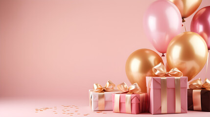 Festive banner design with copy space, pink and gold balloons, pink presents boxes on rosy background. Card for feast of Birthday, Women's Day, Mother's Day, anniversary, wedding, banner template