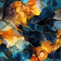 Fototapete - Seamless abstract alcohol ink waves with gold texture veins background