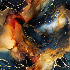 Fototapete - Seamless abstract alcohol ink waves with gold texture veins background