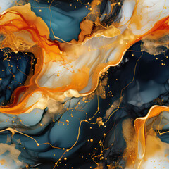 Fototapete - Seamless abstract alcohol ink waves with gold texture veins background