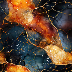 Fototapete - Seamless abstract alcohol ink waves with gold texture veins background