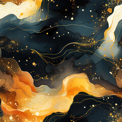 Fototapete - Seamless abstract alcohol ink waves with gold texture veins background