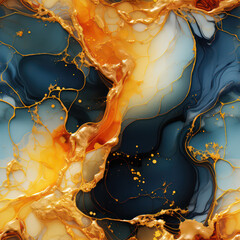 Fototapete - Seamless abstract alcohol ink waves with gold texture veins background