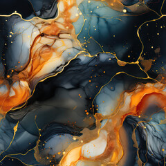 Fototapete - Seamless abstract alcohol ink waves with gold texture veins background