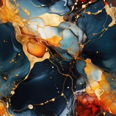 Fototapete - Seamless abstract alcohol ink waves with gold texture veins background