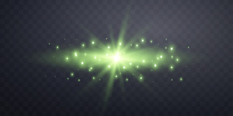 Wall Mural - Green horizontal lensflare. Light flash with rays or green spotlight. Glow flare light effect. Vector illustration. Isolated on dark transparent background.