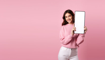 Beautiful woman standing next to a huge phone screen. Smartphone screen mockup, banner template with flat background and copy space. 