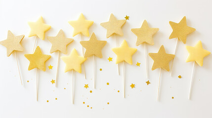 Wall Mural - Cute birthday party greeting card. Pretty background for party invitation. Stars, pastel yellow background, copy space. 