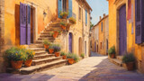 Fototapeta Uliczki - The streets of Italy or Spain are decorated with beautiful colorful flowers, in watercolours