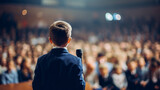 Fototapeta  - A small child speaks into the microphone on a stage in front of an audience