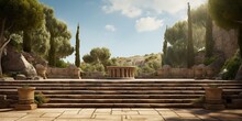 Ancient Greece, Old Stone Podium In A Park, Background With Antique Columns