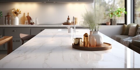 Wall Mural - Close up of a marble table top in a white modern kitchen with built in cabinets and a counter. Interior of a showcase cooking room mockup