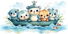 Cute Animals Travel On A Paper Boat On The Sea. Decor For A Children's Room. Watercolor Illustration.