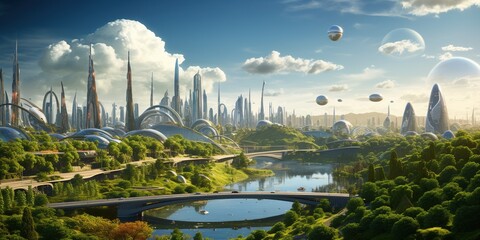 Wall Mural - futuristic sustainable green city, concept of city of the future based on green energy and eco indus