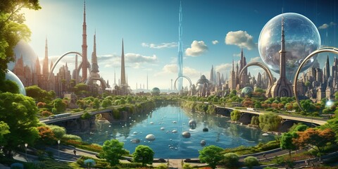 Wall Mural - futuristic sustainable green city, concept of city of the future based on green energy and eco indus