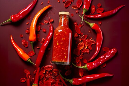 Tabasco hot pepper sauce with red chili pepper, flat lay.
