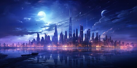 Wall Mural - neon night city of the future. night panorama of the city, neon light, lights of a large metropolis,