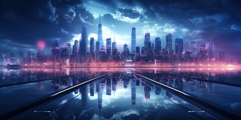 Wall Mural - night city cyber punk landscape concept. light glowing on dark scene. night life.