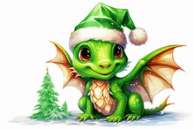 Cute Cartoon Green Dragon With Christmas Tree On White Background