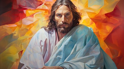 Wall Mural - Colorful painting of Jesus Christ in the style of digital illustration, art painting on colored paper