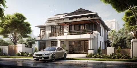 beautiful home design with two stories and car parked in front, in the style of light white and light silver,