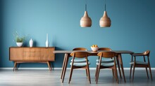 Wooden Table And Chairs Against Blue Wall. Mid-century Style Interior Design Of Modern Dining Room.