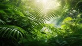 Fototapeta Sypialnia - Illustration of tropical fern bushes background lush green foliage in the rain forest with nature plant tree.