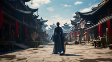 A Woman Wearing Traditional Ancient Chinese Attire Strolls Along A Quiet Street In An Old-town Setting With Classic Chinese Architecture.
