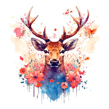 Watercolor Deer Painted Illustration With Flowers