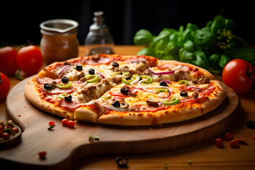 Wall Mural - Supreme Pizza on wooden board - closeup view 