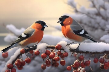 The bullfinch bird sits on a bunch of red rowan berries,