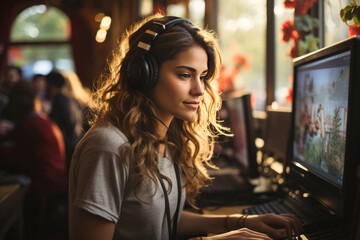 Poster - Female IT specialist sits in a dark office and looks at several monitors with her hands on the keyboard. Young girl is engaged in testing websites, debugging programs, expert development, coding.