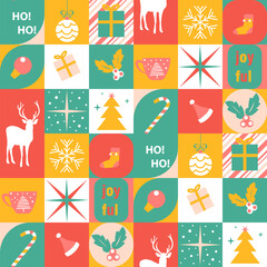 Christmas holiday icon elements with geometric seamless pattern design. Modern bauhaus style Christmas and Happy New Year decoration background