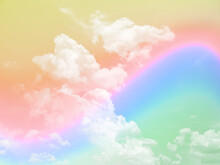 Beauty Abstract Sweet Pastel Soft Orange And Yellow With Fluffy Clouds On Sky. Multi Color Rainbow Image. Fantasy Growing Light