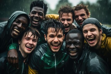 Wall Mural - Portrait of a male soccer team having practice during rain