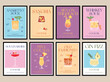 © iStarDesign - Set of printable posters of cocktail illustrations. An illustration of classical drinks in different types of glasses. Vector illustration of popular cocktails. Banner with soft and alcohol drinks.