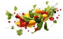 Fresh Different Flying Vegetables And Fruits Isolated On Transparent Background PNG.