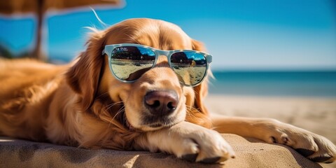 Golden Retriever dog is on summer vacation at seaside resort and relaxing rest on summer beach of Hawaii.