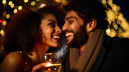 Happy couple celebrating together, smiling, New Year's Eve, christmas, birthday and wedding, holding a glass of champagne, fireworks, couple drinking at a party, happiness, man and woman together