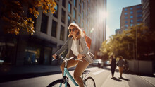 Young woman riding a bicycle to work in a sunny day