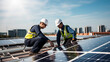 Two workers installing solar panels on a city roof